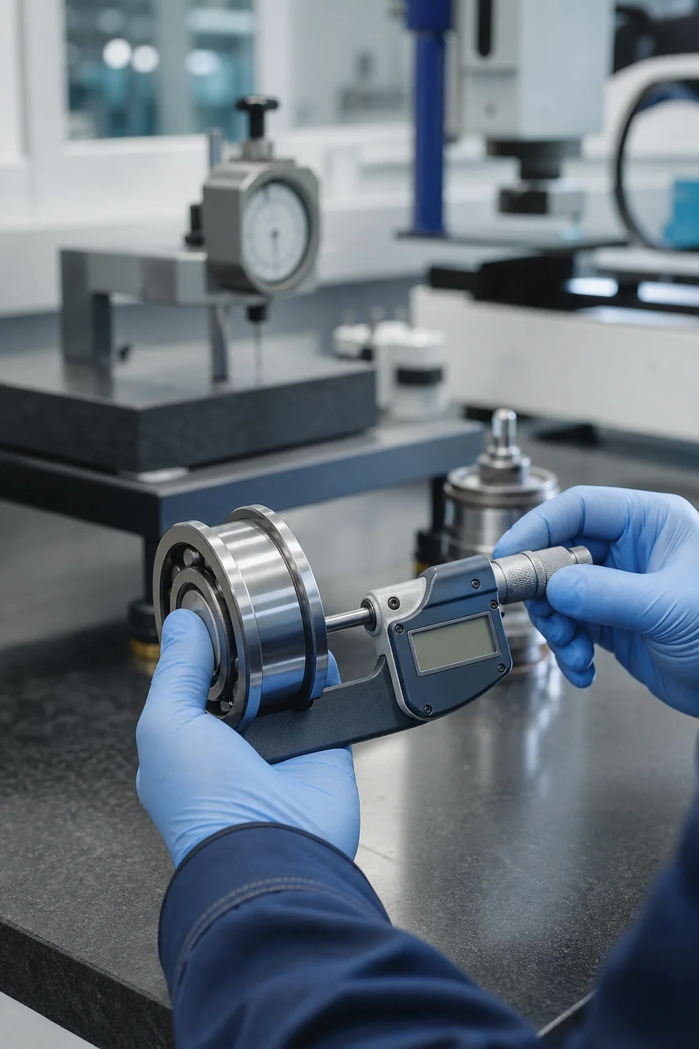 Track roller bearing dimensional inspection with a micrometer